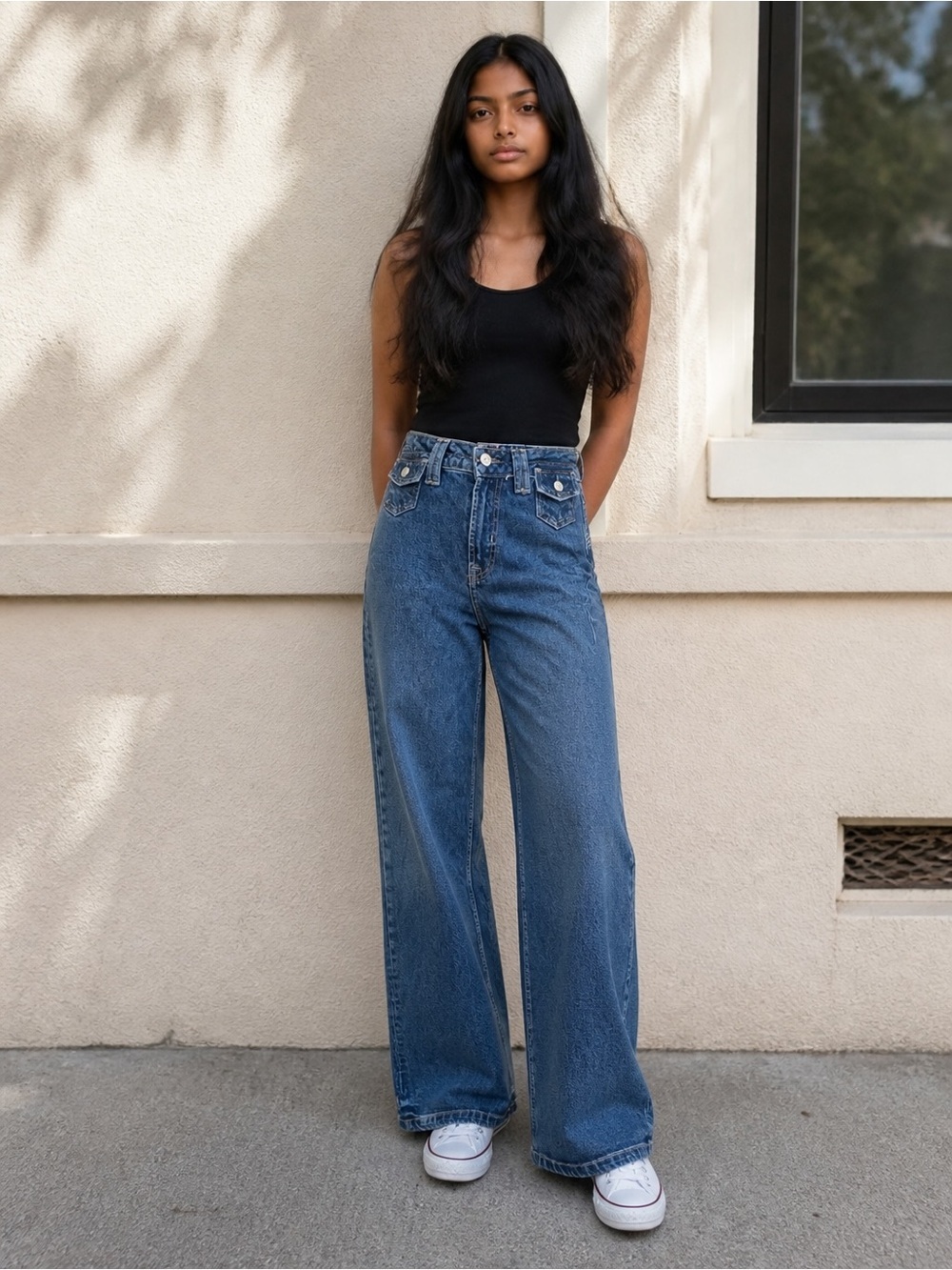 We The Free Wide Leg Flare Jeans in Dark Blue Denim